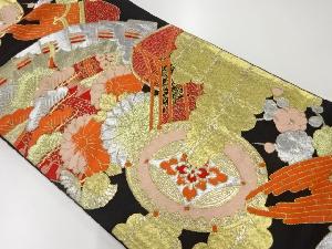 アンティーク　檜扇に古楽器・松・菊模様織出し袋帯（材料）